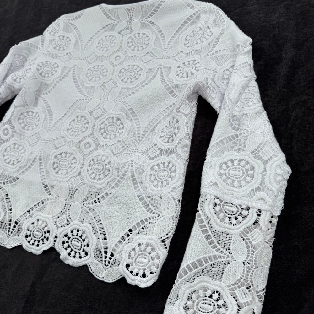 Saks Fifth Avenue Small White Lace Zip Jacket Floral Crochet Sheer Long Sleeve - Picture 4 of 9